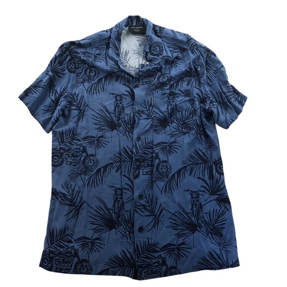 Harley-Davidson Mens Hawaiian Shirt Large Short Sleeve Blue Casual Moto Leaf Y2K - Picture 1 of 14